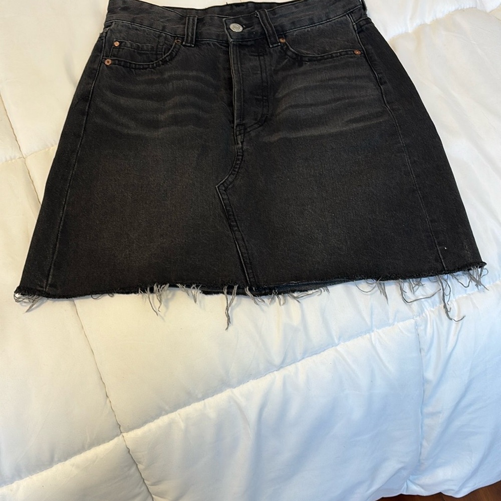 Black Denim Mini A-line Skirt with Button Fly